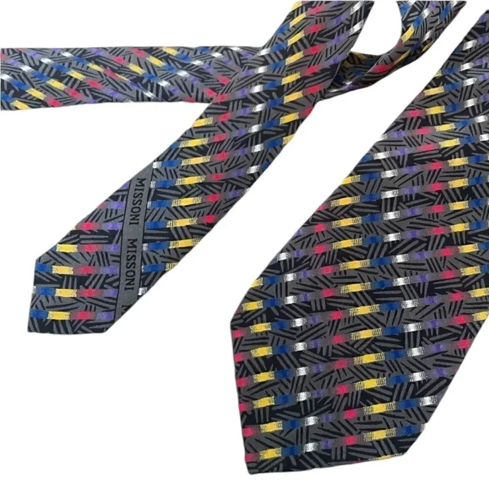 Missoni Vintage Blue Yellow Red Allover Pattern Silk Tie